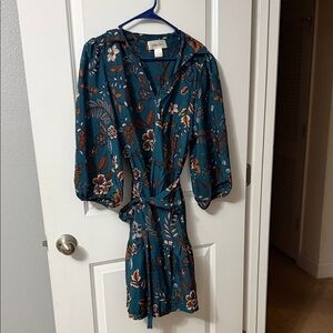 Floral Long Sleeve Dress in Teal and Brown
